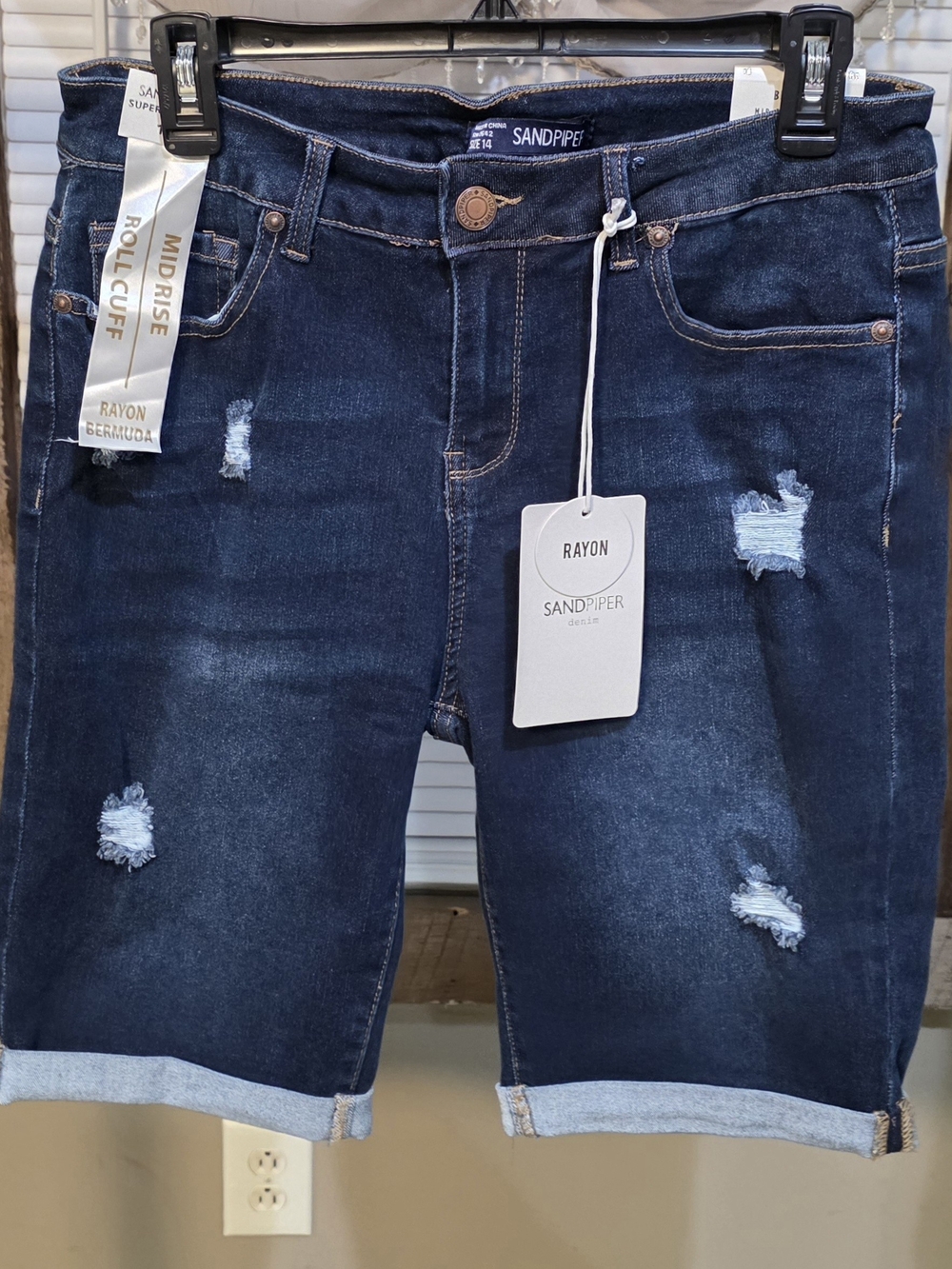 Sandpiper Mid-Rise Dark Blue Distressed Roll-Cuff Rayon Bermuda Shorts